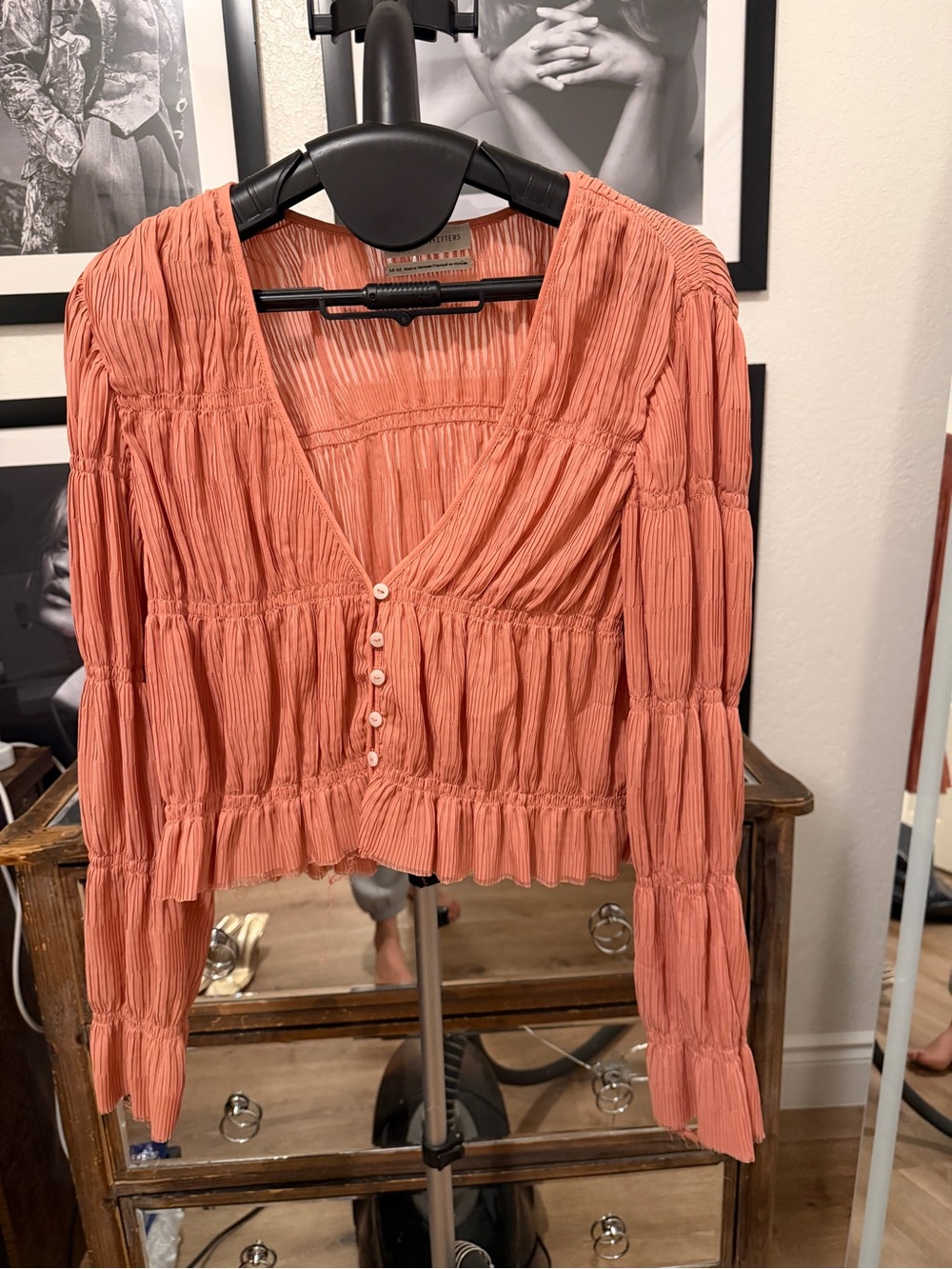 Urban Outfitters Rusty Coral Ruched V-Neck Button-Front Blouse